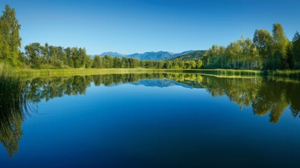 A tranquil lake reflects the lush green forest and distant mountains on a clear summer day. The water is calm and still, creating a mirror-like surface