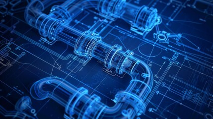 A close-up of a detailed blueprint with glowing pipes symbolizing innovation, technology, connection, progress, and efficiency.
