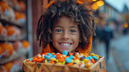 Child with candy box, festive street background, happiness concept