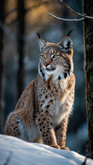 Obraz premium A majestic Lynx, its sleek fur a symphony of silver and gold, prowls through a moonlit forest with silent grace.