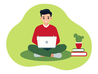 A young man is sitting at a laptop. The concept of working from home, online, freelancing. Vector illustration.