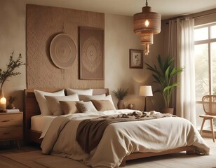 Fototapeta premium A modern bedroom in boho style with big lighting fixtures..