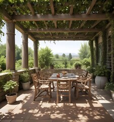 Table and chairs in a nature green valley patio..