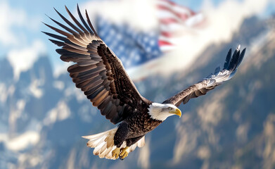 American bald eagle portrait against a waving flag. Generative AI. 