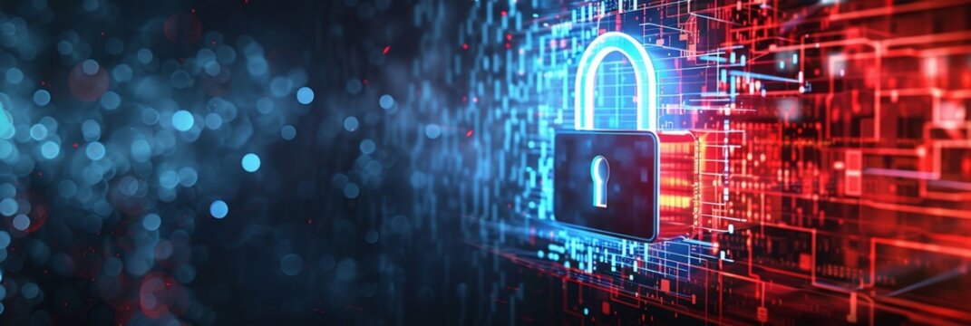 A glowing blue padlock symbolizes digital security, standing out against a red background of intricate digital code, representing the complex world of cyber security.