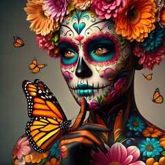 Day of the Dead. Dia de los Muertos. A woman with vibrant skeleton face makeup. Beautiful flowers and butterflies. Life and death. Celebrating cycle of life and memory of the dead. Generative AI