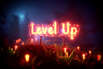 Neon Sign 'Level Up' Illuminating Nighttime Landscape with Vibrant Flora