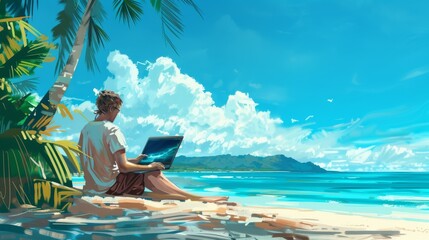 An artistic depiction of a digital nomad working by the beach with a laptop