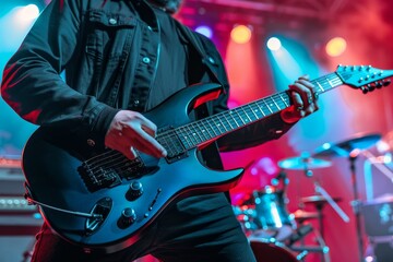Obraz premium Musician on stage playing guitar in warm lighting, close up shot with blurred background