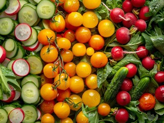 An overhead view of a colorful medley of vegetables, including cherry tomatoes, cucumbers, and radishes