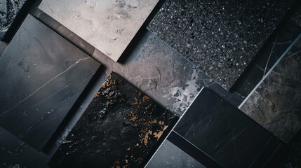 A mosaic of dark, textured tiles in various shades of grey and black, with subtle lighting highlighting their intricate patterns.