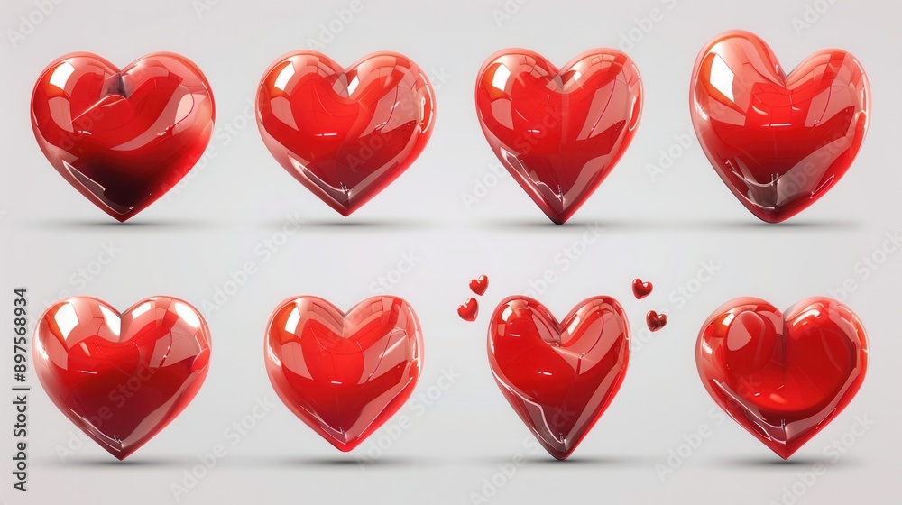 Poster a collection of eight red heart illustrations, each with a unique style and pose. the hearts are ren