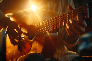 Obraz premium Musician on stage playing guitar in warm lighting, close up shot with blurred background