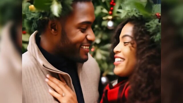 Beautiful African American couple kissing under mistletoe. Christmas tradition
