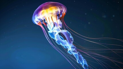 Naklejka premium A delicate, multicolored jellyfish glowing in the deep blue sea, its tentacles trailing behind, with copy space, high-resolution photo, realistic photo, hyper realistic