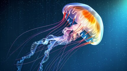 Fototapeta premium A delicate, multicolored jellyfish glowing in the deep blue sea, its tentacles trailing behind, with copy space, high-resolution photo, realistic photo, hyper realistic