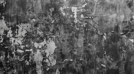 Fototapeta premium A high-contrast black and white close-up of a weathered concrete wall with peeling paint, revealing a textured and rugged surface.