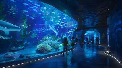 Underwater World Aquarium with Silhouettes of Visitors
