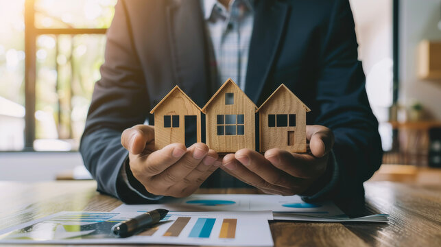 Businessman in suit holding three wooden house models, symbolizing real estate and investment.
