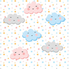 Cute colorful cloud smiling face seamless pattern background with colorful star glow