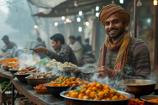 Smiling Vendor Serving Food in Busy Indian Market