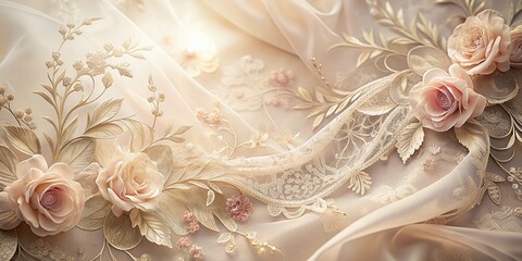 Softly lit, romantic background with gently swirled fabric, tender florals, and subtle lace, evoking a sense of feminine elegance and refined beauty.