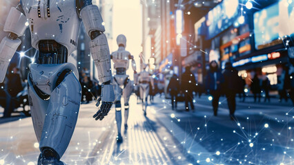 Obraz premium front view, of a robot walking on street, with connect triangle dots and lines data flow, future technology