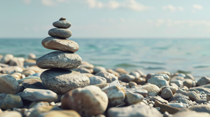 Fototapeta premium Stacked rocks on a pebbled beach meet the clear blue sea, embodying peace, stability, and mindfulness.