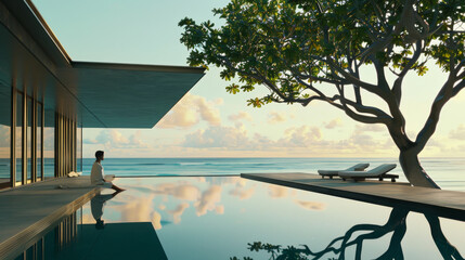 A serene infinity pool reflecting the sky, with a person meditating near the edge, embraced by a peaceful sunrise over the ocean.