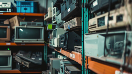 Shelves filled with vintage electronics and old computer equipment in a storeroom create a nostalgic tech ambiance.