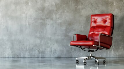 A red leather office chair with chrome accents sits against a concrete wall. The chair represents professionalism, comfort, and style. The concrete wall symbolizes strength, durability, and modern des