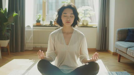 A woman in a bright, serene room meditates peacefully, surrounded by light and plants, embracing mindfulness and inner calm.