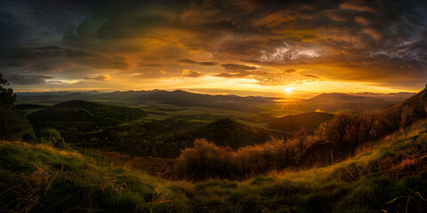 Breathtaking sunset over rolling hills and valleys, showcasing vibrant colors and dramatic skies