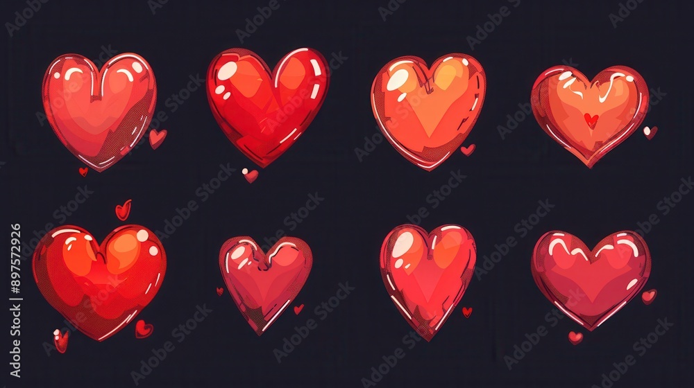 Fototapete 8 red hearts in different poses and sizes, drawn in various styles on a dark background, some with s