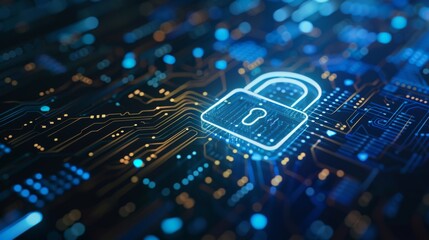 Cybersecurity concept with a lock icon on a digital screen