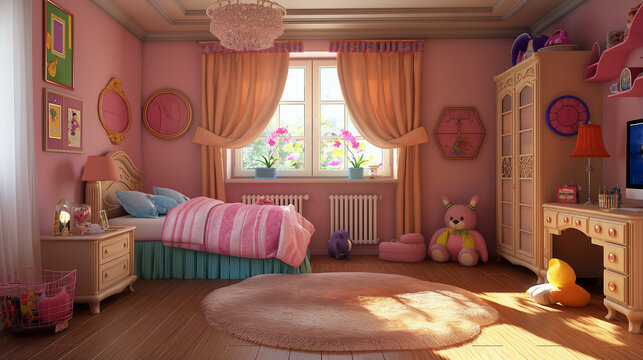 Light pink bright interior of the children's room, for a girl