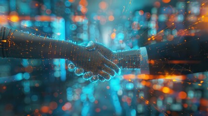 Two business people shaking hands with digital technology in the background, concept of AI and artificial intelligence. blurred blue orange light, futuristic city background