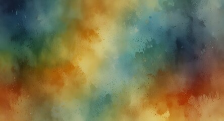 Colorful watercolor background of abstract sunset sky with paint blotches and soft blurred texture in blue green yellow beige and orange border in gradient paint colors 