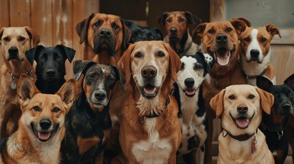 A dozen happy dogs of various breeds eagerly pose together, displaying joyful expressions in what appears to be a cozy, wooden environment.