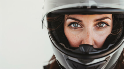 A motorcyclist seen close-up, their eyes and determination reflected through the visor of their helmet, focusing on the road ahead.