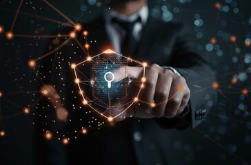 Businessman touching wireless network security icon on transparent screen with shield symbol and mesh background