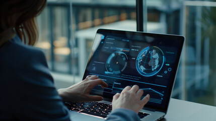 A person uses a laptop with a high-tech interface featuring data visualizations and global maps, highlighting advanced technology and data analytics.