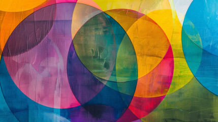 Fototapeta premium Colorful overlapping circles painted with bold, translucent hues create a dynamic and abstract visual on a textured surface.