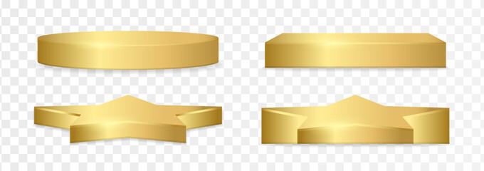 Realistic gold podium or pedestal stage in circle square and star shape for product display presentation on white background