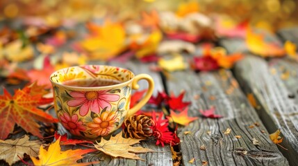 Autumn themed tea cup arrangement on wooden surface