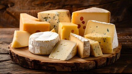 A variety of delicious cheeses are arranged on a wooden board. The cheeses are of different types, including hard, soft, and blue cheeses.