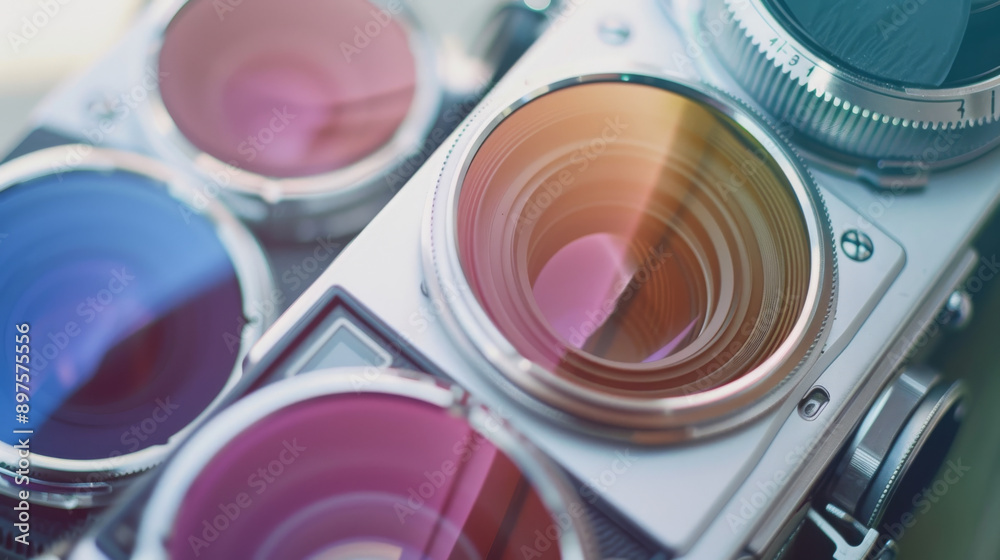 Wall mural Close-up of multiple camera lenses with vibrant, colorful reflections, capturing an essence of modern photography.