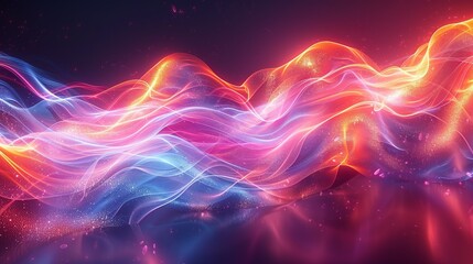 Glowing abstract background with vibrant, neon hues and a glossy, reflective surface that creates a resplendent and eye-catching visual experience. Watercolor style, high resolution Illustration, in