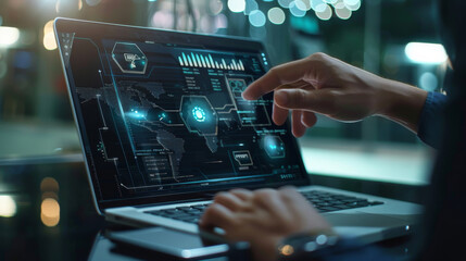 A hand interacts with a futuristic laptop interface displaying global data and analytics, symbolizing technology and global connectivity.