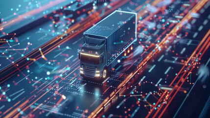 Highlight the use of advanced technologies such as IoT, AI, and blockchain in logistics, with digital interfaces showing real-time tracking and data analytics.